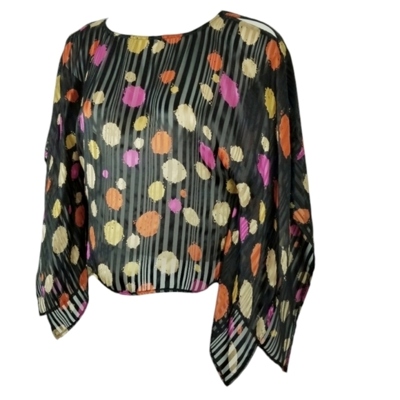 Anne Carson Womens Silk Top Blouse Size Large Batwing Multi Color Sheer Artsy - Picture 1 of 7